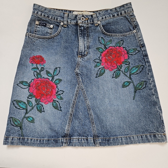 Express Bleus Dresses & Skirts - Embroidered Denim Skirt Floral Midi Boho
